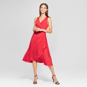 Red V Neck Midi Wrap Dress